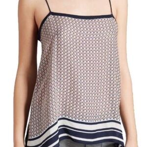 VINCE CAMISOLE NAVY/MULTI BORDER PRINT 100% SILK SIZE LARGE TOP